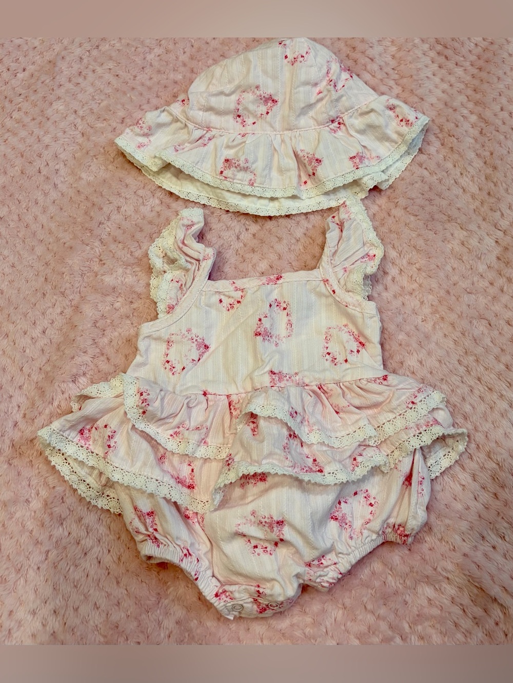Baby Floral Ruffle Sunsuit and Hat Set - Pink